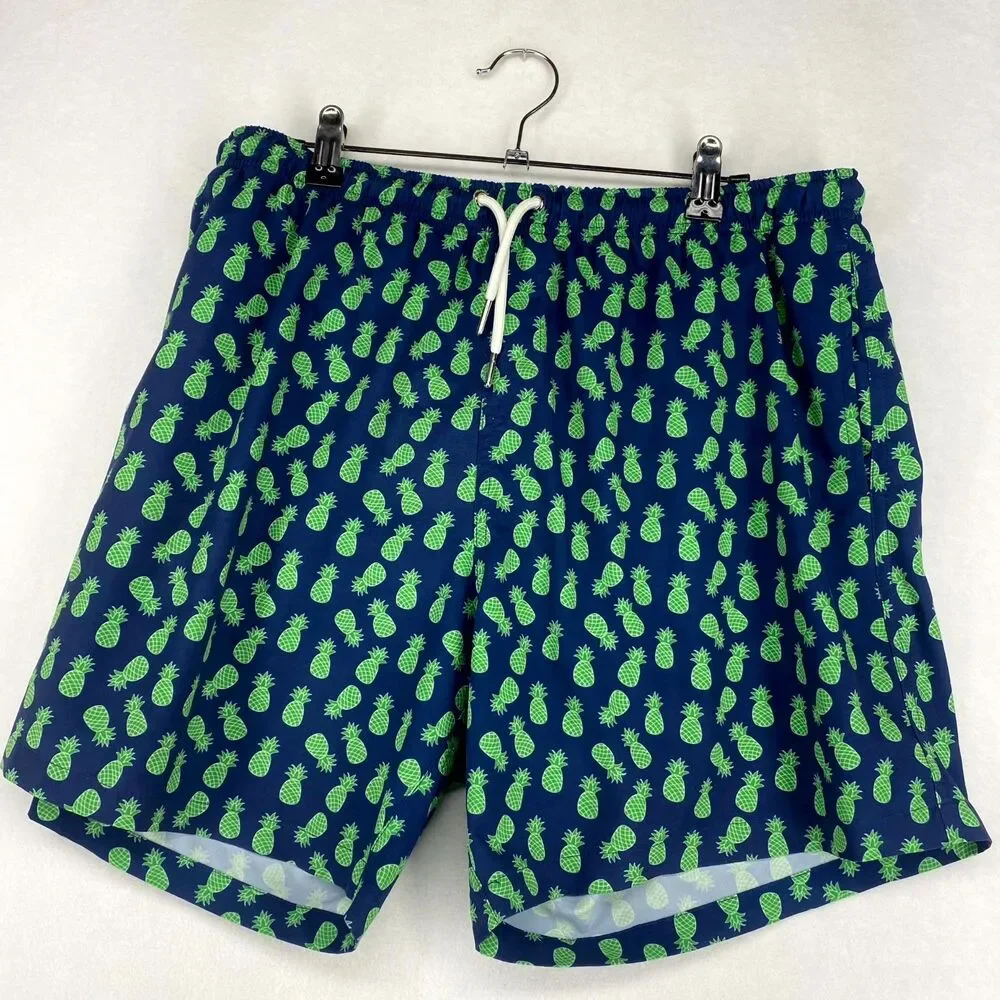 Bermies Lined Swim Trunks Pineapple Print‎ Dark Blue Mens Size XL